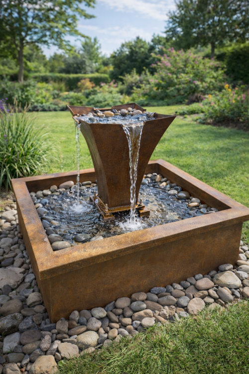 005 aqua tetra.png Fontanna Aqua Tetra - fontanna w kolorze rdzy - rdzewiona, postarzana na kolor rdzy - fontanna stalowa Corten - hortus ferri