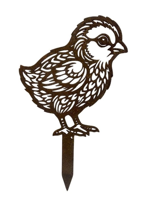 Ozdoby wielkanocne 001 - kurczak (2).jpg Kurczak wielkanocny Hortus Ferri, ozdoba dekoracja ogrodowa wbijana w ziemię ze stali corten